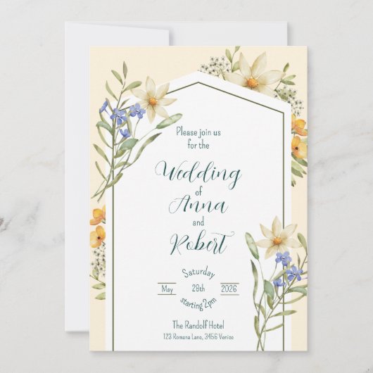 Witte en Lila wilde bloemen geometrische bruiloft Kaart (Voorkant)