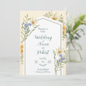 Witte en Lila wilde bloemen geometrische bruiloft Kaart (Staand voorkant)