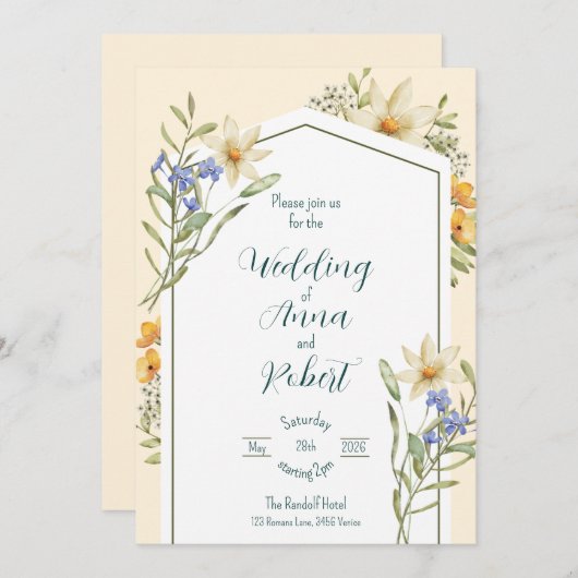 Witte en Lila wilde bloemen geometrische bruiloft Kaart (Voorkant / Achterkant)