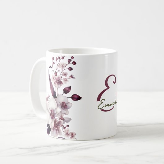 Witte en magenta orchidee bloemen monogram koffiemok (Voorkant links)