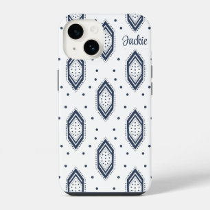 Witte en marine blauwe zeshoek patroon iPhone 14 hoesje