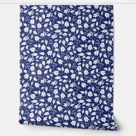 Witte en marine bloemen behang