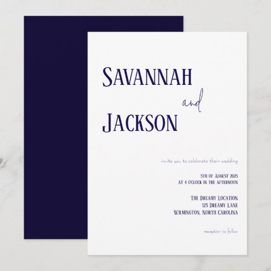 Witte en Marine Moderne Elegante Huwelijksuitnodig Kaart (Voorkant / Achterkant)