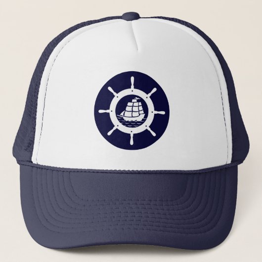 Witte en marineblauw Nautical Boat Wheel Trucker Pet (Voorkant)