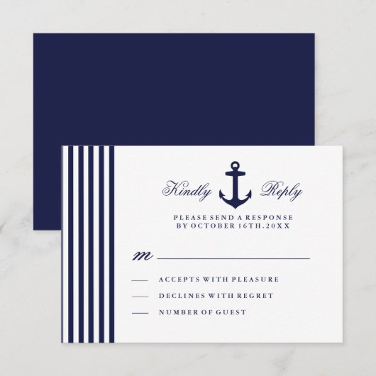 Witte en marineblauwe nautische RSVP-kaart RSVP Kaartje (Voorkant / Achterkant)