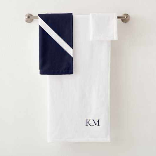 Witte en marinemonogram bruiloft Gift Bath Towel S Bad Handdoek (Insitu)