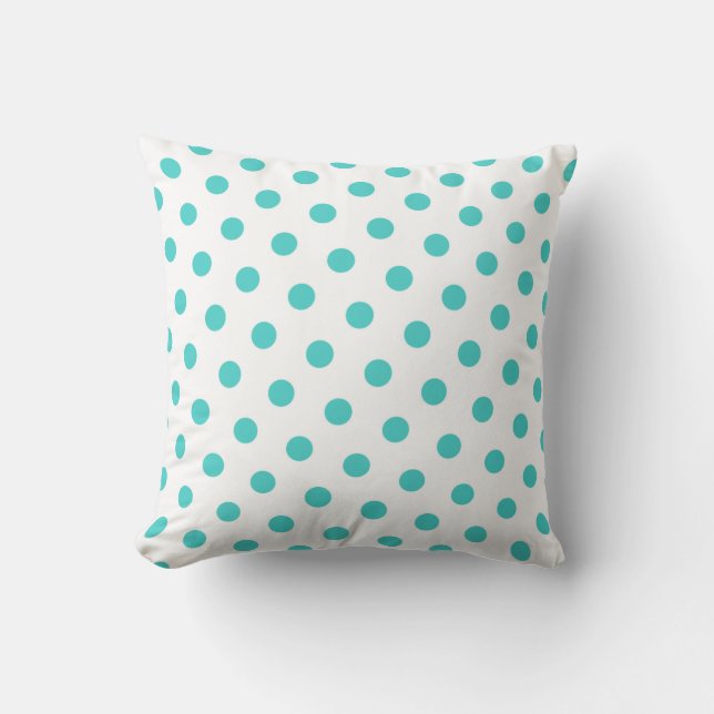 Witte en middelgrote Turquoise Polka Dots Kussen (Voorkant)