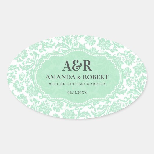 Witte en mint-groene Damasvaten bewaren de datum Ovale Sticker (Voorkant)