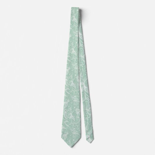 Witte en mint-groene exotische Floral Swirls Stropdas (Voorkant)