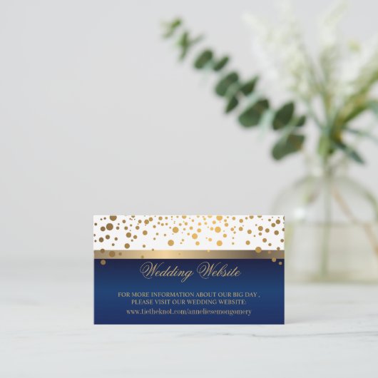 Witte en Navy Blauw Goud Confetti Stippen Website Informatiekaartje (Staand voorkant)