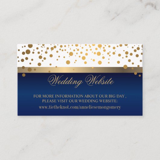 Witte en Navy Blauw Goud Confetti Stippen Website Informatiekaartje (Voorkant)