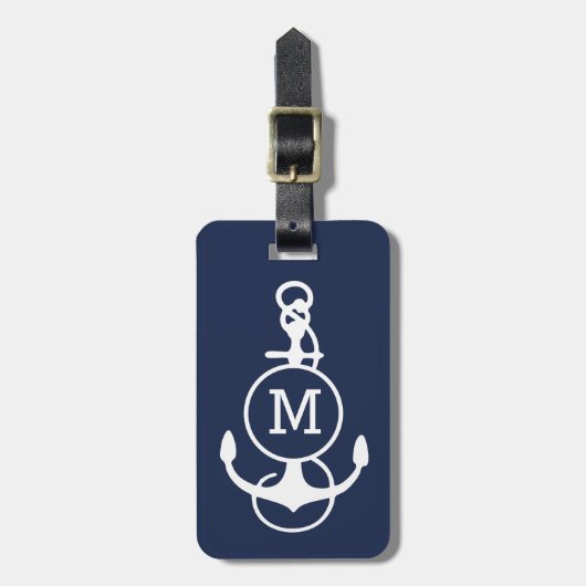 Witte en Navy Blue Nautical Boat Anchor Bagagelabel (Voorkant verticaal)