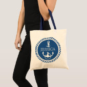 Witte en Navy Blue Nautical Boat Anchor Tote Bag (Voorkant (product))