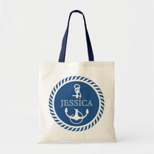Witte en Navy Blue Nautical Boat Anchor Tote Bag