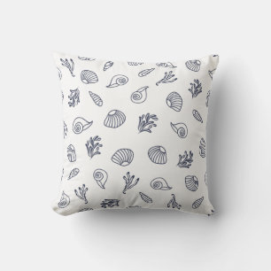 Witte en Navy Blue Seashells Coastal Buitenkussen
