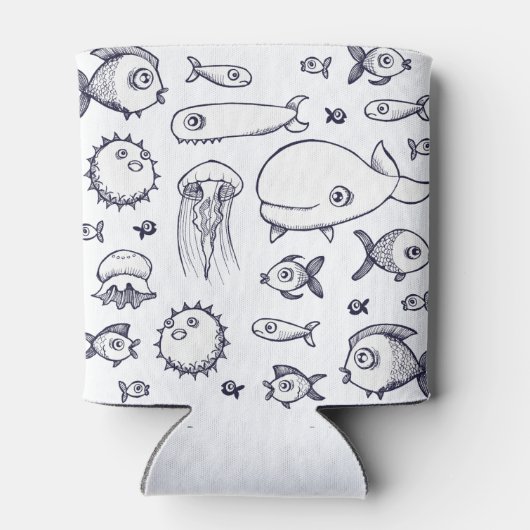 Witte en Navy Fish Drabby Holder Blikjeskoeler (Achterkant)