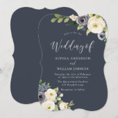 Witte en Navy Flowers Beauely Wedding Kaart (Voorkant / Achterkant)