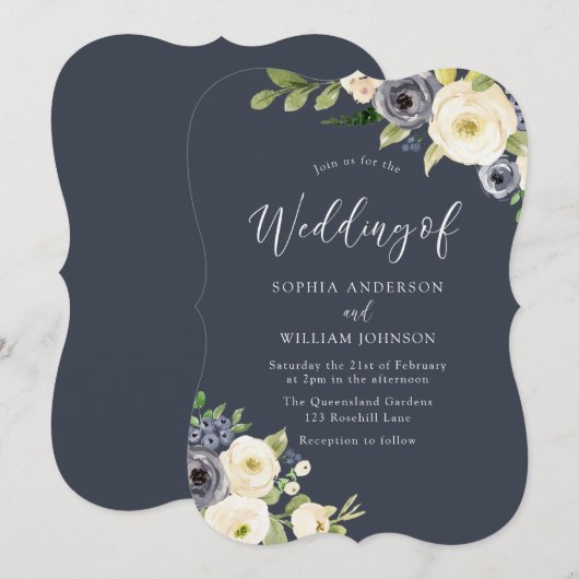 Witte en Navy Flowers Beauely Wedding Kaart (Voorkant / Achterkant)