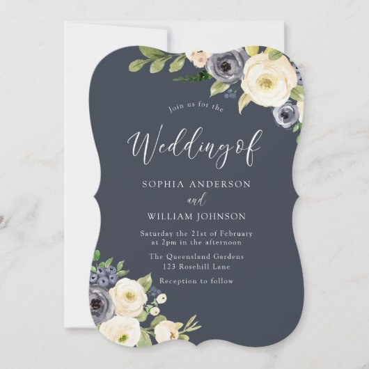 Witte en Navy Flowers Beauely Wedding Kaart (Voorkant)
