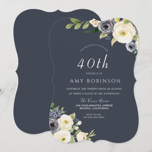 Witte en Navy Flowers Mooi 40e verjaardag Kaart (Voorkant / Achterkant)