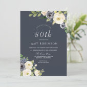 Witte en Navy Flowers Mooi 80e verjaardag Kaart (Staand voorkant)