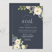 Witte en Navy Flowers Mooi 80e verjaardag Kaart (Voorkant / Achterkant)