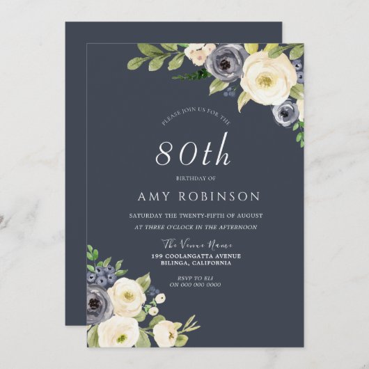 Witte en Navy Flowers Mooi 80e verjaardag Kaart (Voorkant / Achterkant)