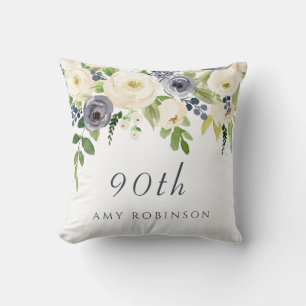 Witte en Navy Flowers Mooi 90th Birthday Gift Kussen