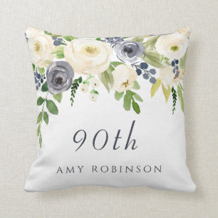 Witte en Navy Flowers Mooi 90th Birthday Gift Kussen