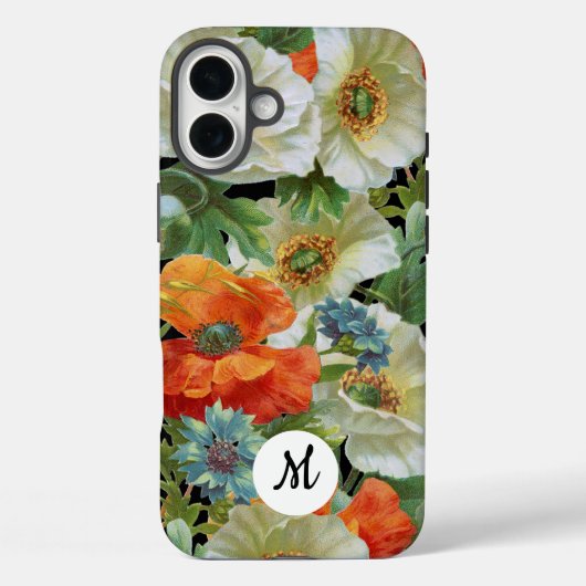 Witte en oranje klaprozen op zwarte initiële bloem Case-Mate iPhone case (Achterkant)