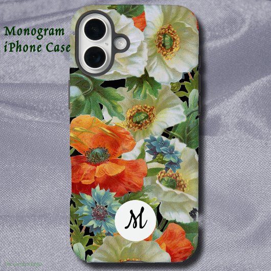 Witte en oranje klaprozen op zwarte initiële bloem Case-Mate iPhone case