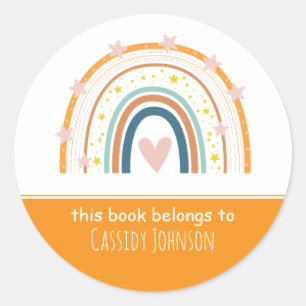 Witte en oranje regenboog kinder naam ronde sticker