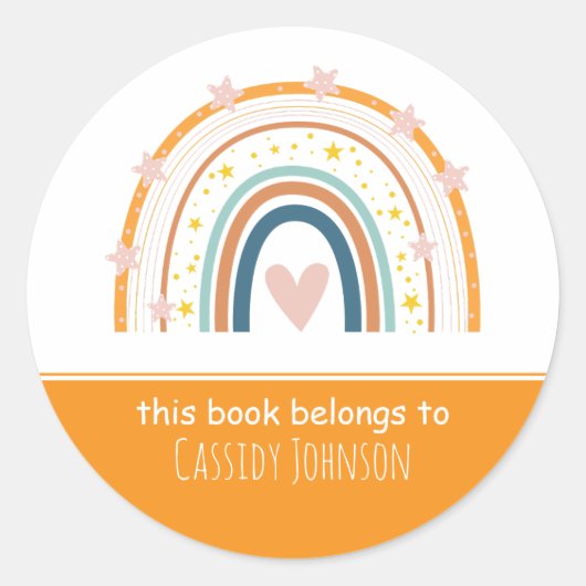 Witte en oranje regenboog kinder naam ronde sticker (Voorkant)