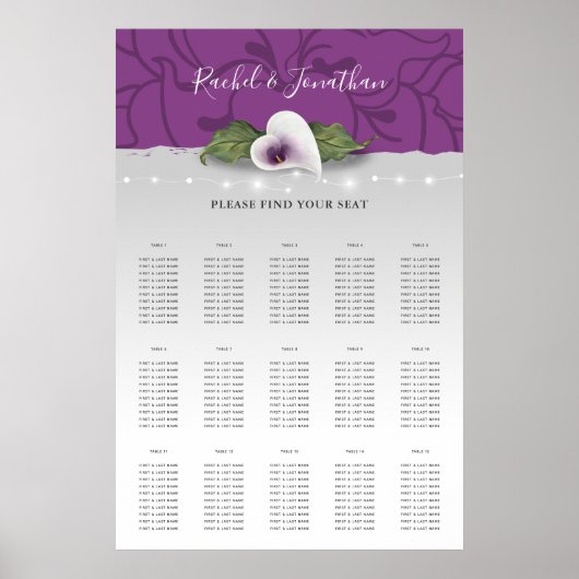 Witte en Paarse Calla Lily Wedding Seating Charts Poster (Voorkant)