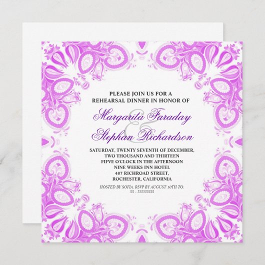 Witte en paarse Damask repetitie uitnodigingen (Voorkant / Achterkant)