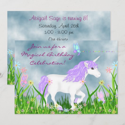 Witte en Paarse Eenhoorn met Vlinders Verjaardag Kaart (Voorkant / Achterkant)