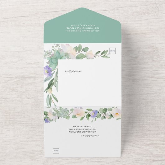 Witte en Paarse Floral, Succulenten & Eucalyptus All In One Uitnodiging (Buitenkant)
