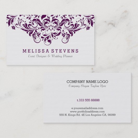 Witte en Paarse  Floral Swirls Lace Visitekaartje (Voorkant / Achterkant)