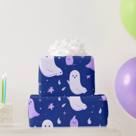 Witte en Paarse Geesten Sterren Blauwe Halloween Cadeaupapier