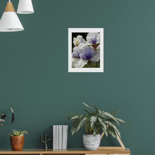 Witte en paarse Iris-bloemen bloemstuk Poster (Woonkamer 1)