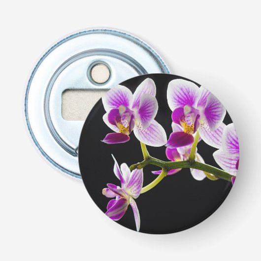 Witte en paarse orchidee button flesopener (Voorkant)