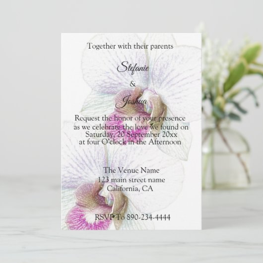 Witte en Paarse orchidee huwelijksuitnodigingen Kaart (Staand voorkant)