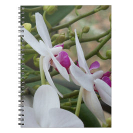 Witte en paarse orchideeën op een handig notitiebo notitieboek
