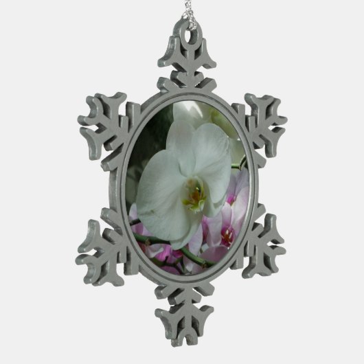 Witte en Paarse orchideeën Tin Sneeuwvlok Ornament (Links)