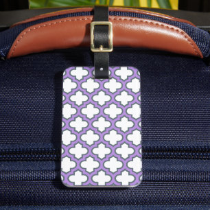 Witte en Paarse trellis, rooster, quatrefoil Bagagelabel