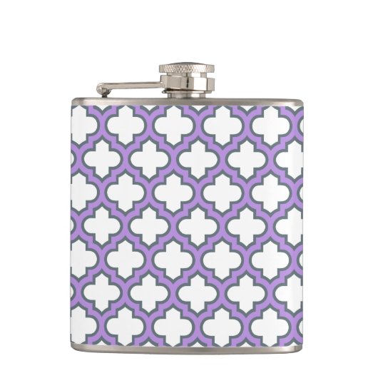 Witte en Paarse trellis, rooster, quatrefoil Heupfles (Voorkant)