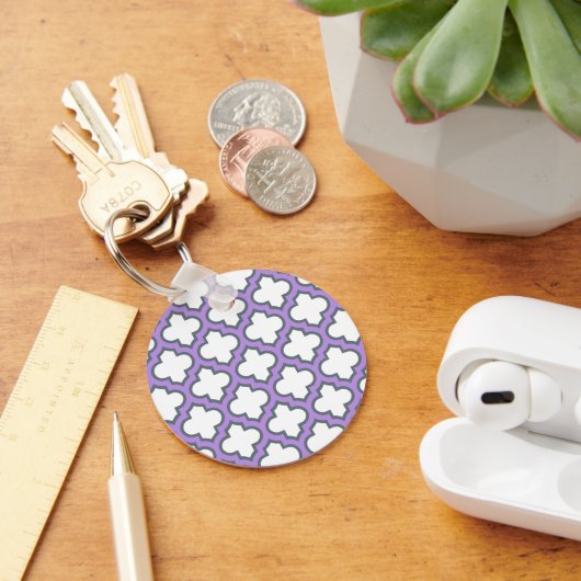 Witte en Paarse trellis, rooster, quatrefoil Sleutelhanger (Bureau)
