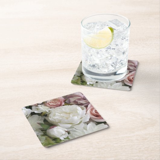 witte en perzik pioen bloemenpapier onderzetters (Insitu)