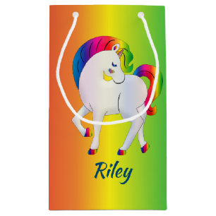 Witte en regenboogkleurige Unicorn op een kleurrij Klein Cadeauzakje