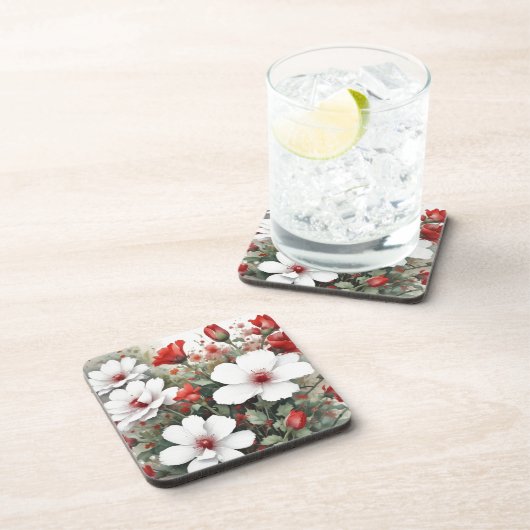 Witte en rode bloemen Elegante Waterverf Bier Onderzetter (Rechterzijde)